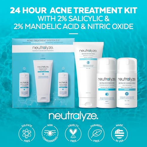 Neutralyze Moderate to Severe Acne Treatment Kit 2.0 - Maximum Strength 3 Step Acne Kit with 2% Salicylic Acid, 2% Mandelic Acid & Nitric Oxide - Includes Face Wash, Clearing Serum & Synergyzer