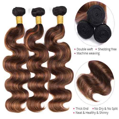 T1BP4/30 Brown Bundles Ombre Highlight Brown Body Wave Bundles Human Hair 20 22 24 Inch 3 Bundles Unprocessed Brazilian Virgin Human Hair Dark Brown To Light Brown For Black Women Hair Extension