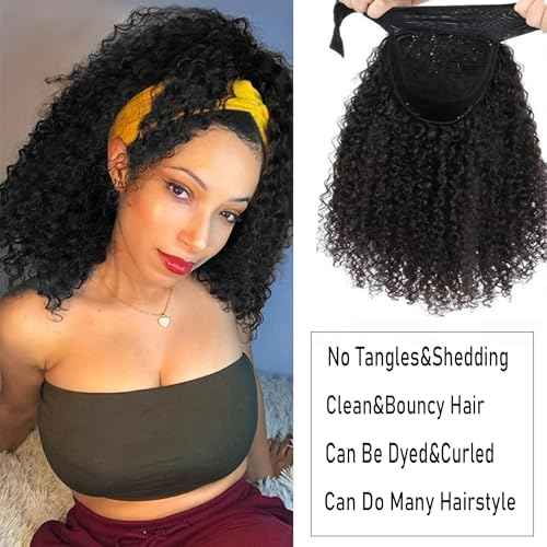 Headband Wig Human Hair Kinky Curly Human Hair Headband Wigs 22Inch Glueless None Lace Front Wig Curly Headband Wig Human Hair Brazilian Virgin Wigs for Black Women 150% Density
