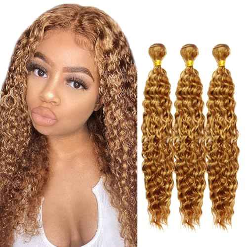 Highlight Honey Blonde Human Hair Bundles 27/30 Deep Wave Bundles 22 24 26 Inch 2 Tone Blonde Mixed With Light Brown Bundle Huxowax Brazilian Virgin Remy Hair Extensions 300g