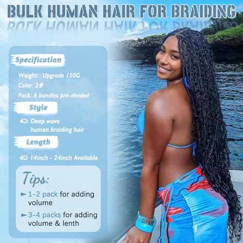 Human Braiding Hair for Boho Braids 150g 20 Inch 6 Bundles/Pack Dark Brown Human Hair Deep Wave Bundles Boho Hair for Braiding 12A Knotless Human Hair Braiding Hair Curly Hair Extensions 2#