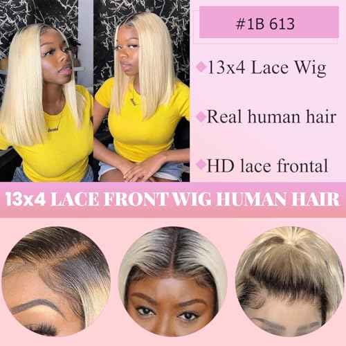 1b613 Ombre Blonde Bob Wig Human Hair Dark Roots 13x4 HD Lace Front Wigs Human Hair Pre Plucked with Baby Hair Glueless Bob Wig Human Hair 180% Density 14 Inch