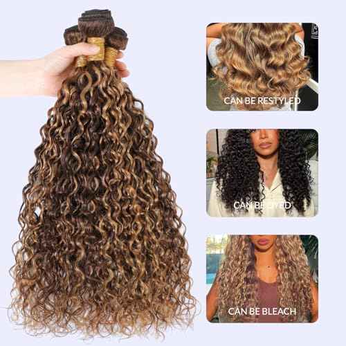 Highlight Bundles Human Hair Water Wave 22 Inch, Honey Blonde Soft & Shed-free P4/27 Ombre Color Curly Brown and Blonde Highlight Weave Bundles Wet and Wavy Single Bundle