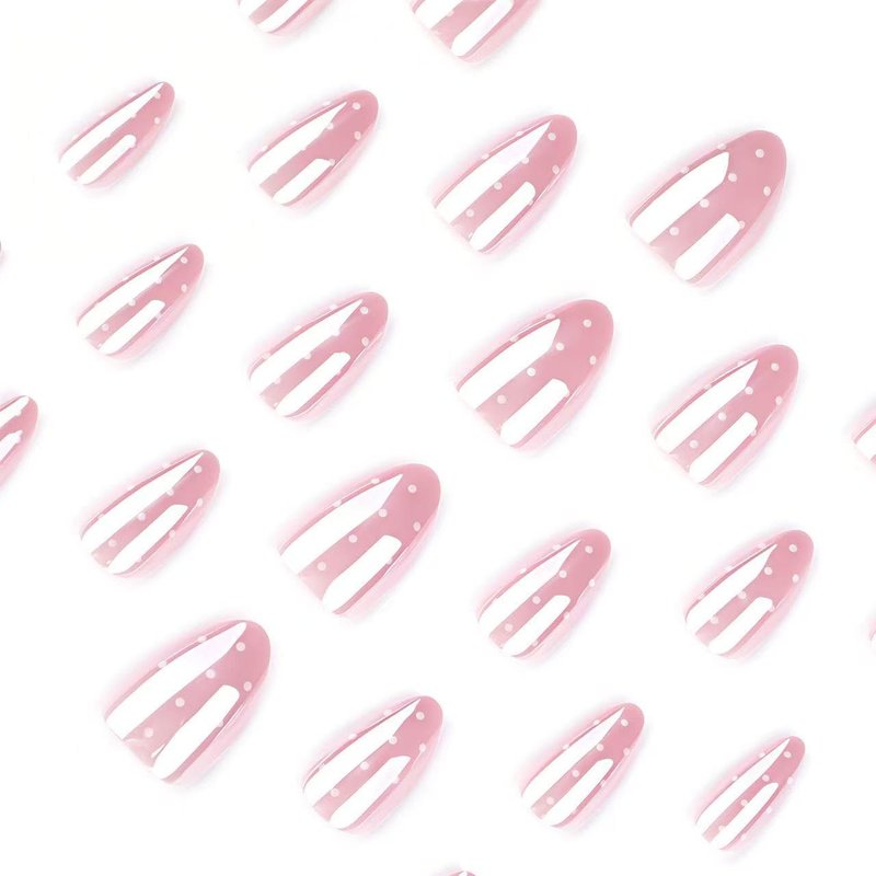 Nude Pink Electroplating Press on Nails Short Almond Fake Nails Aurora White Polka Dots False Nail Design Chrome Glossy Acrylic Nails for Women Girls DIY Manicure Decoration 24Pcs