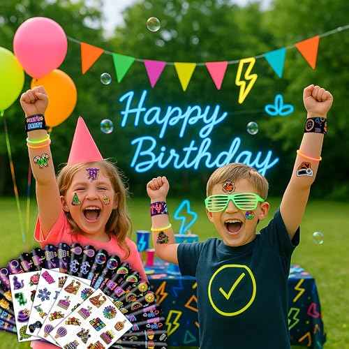 72 PCS Neon Party Set - 48 Neon Temporary Tattoos, 24 Slap Bracelets Wristbands - Fun Glow Party Supplies for Birthday, Baby Shower, Classroom Rewards, Decorations & Gifts for Kids