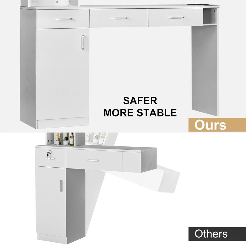 4ever2buy Hair Salon Station for Hair Stylist, Salon Wall Station with Barber Cabinet, Barber Stations Equipment Hair Dryer Holder, Drawers (White)