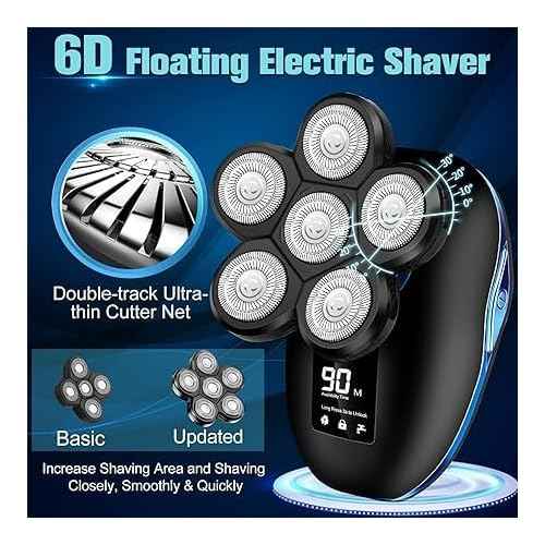 Head Shaver for Bald Men, 6-in-1 Electric Shaver for Bald Head 6D Wet/Dry Waterproof Mens Electric Razor Head Shavers with Grooming Kit Cordless Rechargeable Face Head Shaving Rotary Shavers Blue