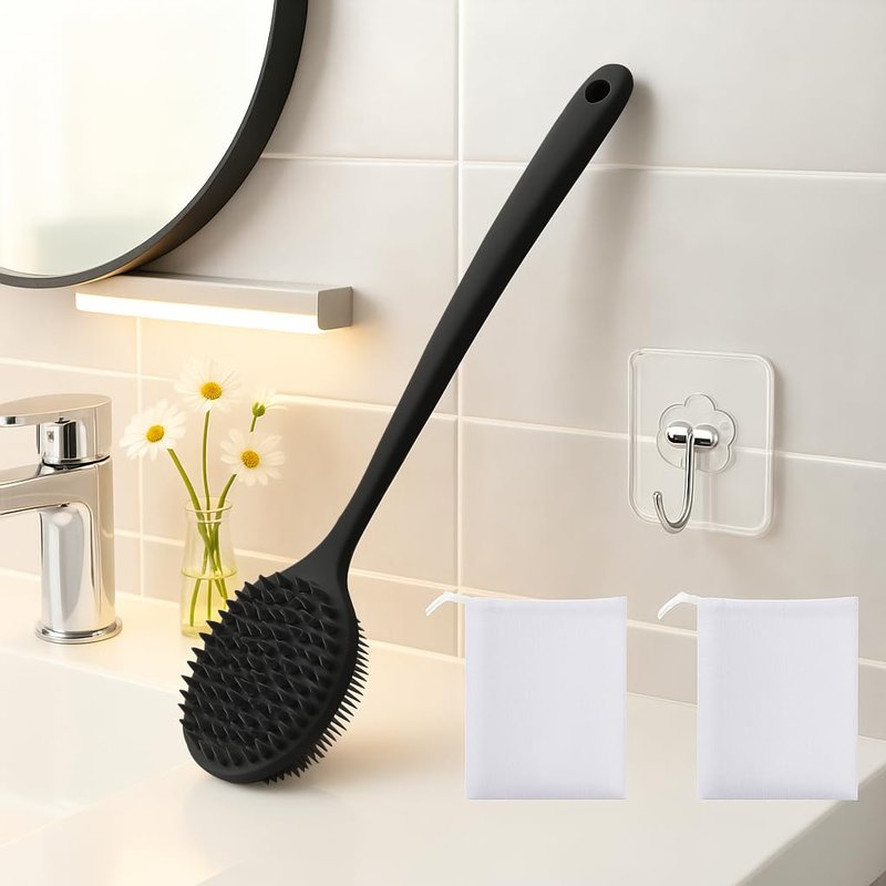 Silicone Body Scrubber - Dual-Sided Exfoliating Shower Brush for Men & Women | Long Handle, Includes 1 Hook & 2 Lather Balls - Black