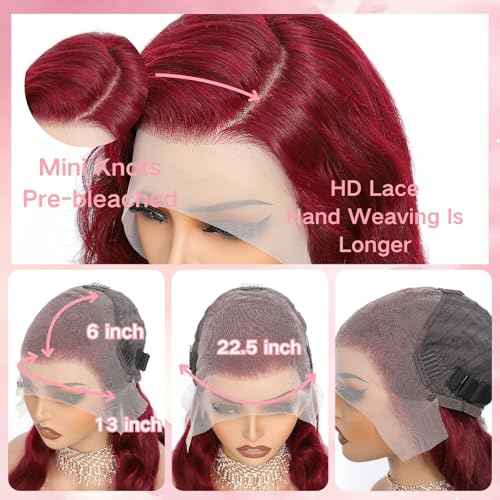 22 Inch 99j Burgundy Lace Front Wigs Human Hair 13x6 HD Transparent Burgundy Wig Human Hair 200 Density Pre Plucked Glueless Frontal Wigs Human Hair for Black Women