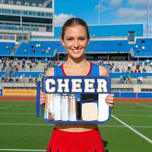 Cheer Chenille Letter Bags Clear Makeup Bag, Cheerleader Gifts Cosmetic Bag, Varsity Preppy Patch Flat Pouch Cheer Accessories, Waterproof PVC Organizer Toiletry Bag for Women Girls Navy Blue
