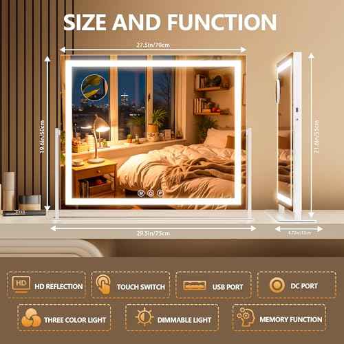 Vanity Mirror with Lights, 30'' x 22'' Lighted Makeup Mirror, Touch Screen with 3-Color Lighting, Dimmable for Vanity Desk Tabletop Square White