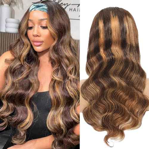 Ombre Headband Wig Human Hair Body Wave #4/27 Highlight 20 Inch Headband Wigs Human Hair Wigs for Black Women Brazilian Virgin Hair Wear and Go Glueless Wig None Lace Front Wigs 150% Density