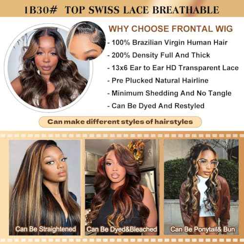 13x6 Body Wave 200% Density Highlight Ombre Lace Front Wig Human Hair Glueless 24 inch HD Transparent 1B/30 Honey Blonde Lace Frontal Wigs Human Hair Pre Plucked With Baby Hair
