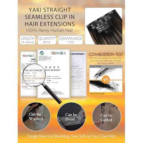 Caliee Seamless Yaki Straight Clip in Hair Extensions Human Hair 22 Inch Natural Black Mixed Chestnut Brown Seamless Yaki Straight Clip ins for Women Invisible PU Weft 115G 8 PCS Soft