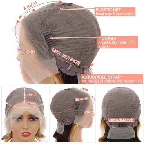 16 Inch Omber Bob Wig Human Hair 13x4 HD Transparent Lace Front Wigs 180 Density Straight 4/27 Highlight Wig Short Bob Wig Human Hair