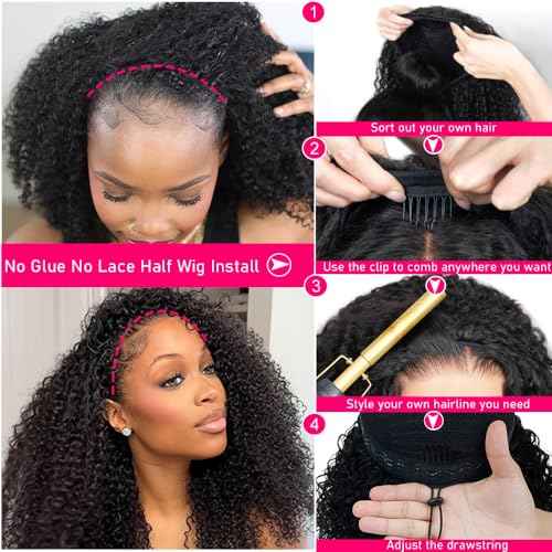 20 Inch Kinky Curly Half Wig Human Hair 200% Density Wear Go Glueless Wigs Human Hair Curly 3 In 1 Half Wigs for Women Drawstring Seamless Flip Headband Wig Beginner Friendly