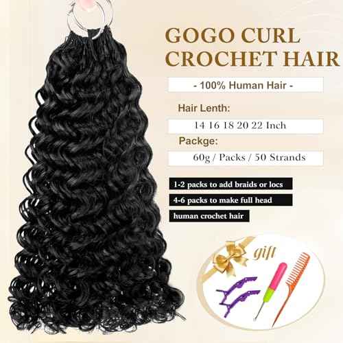 Curly Crochet Human Hair Knotless Pre Separated Human Crochet Hair Extensions for Braids Locs Gogo Curl Human Hair Natural Black Color 60g 50 Strands