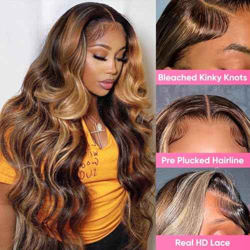 Honey Blonde Ombre 13x6 Lace Front Wig Human Hair 210 Density Highlight Body Wave Lace Front Wigs Human Hair Pre Plucked Glueless Lace Frontal Wig for Women 4/27 Colored 26Inch