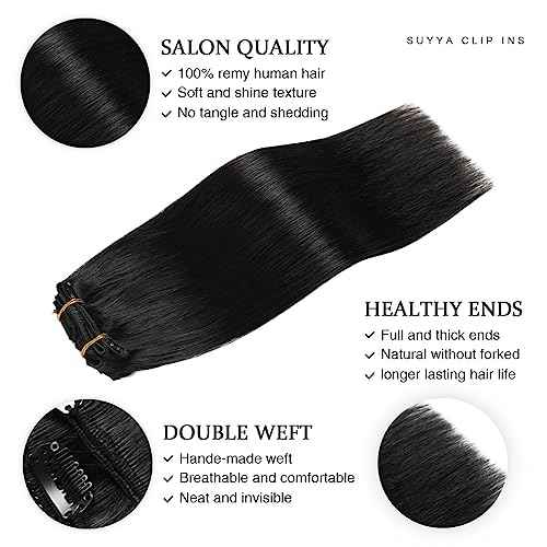 SUYYA Clip in Hair Extensions Real Human Hair, 16 inch 120g Jet Black Clip in Hair Extensions Human Hair Straight Human Hair Clip ins Double Weft(16 inches #1 Jet black)