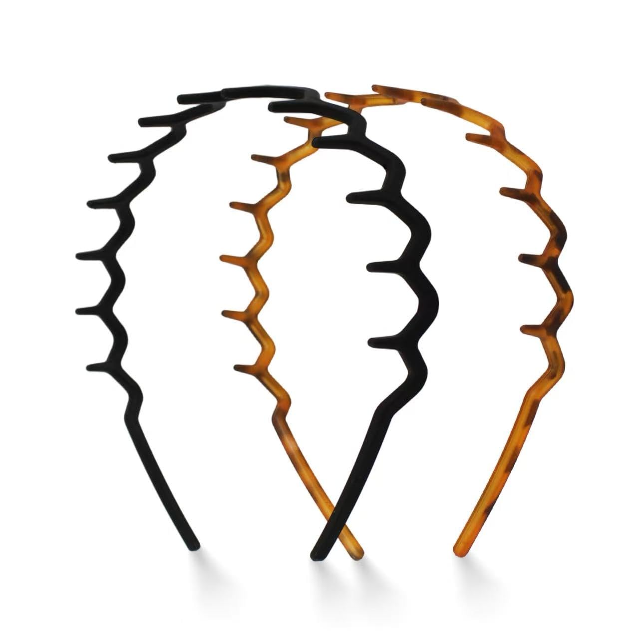 Zig Zag Headbands for Women - Non-Slip Comfortable Comb Design | Tortoise & Black - 2 Pack Fashion Accessories