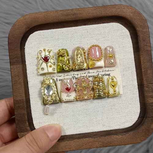 10Pcs Ballerina Press On Nails With Tools,Egyptian Palace Relief Glue on Nails with Gold Cross & Pearls,Handmade 3D Saint Charms Fake Nail Kits, Vintage Epic Acrylic Coffin Duckbill Nails(L)
