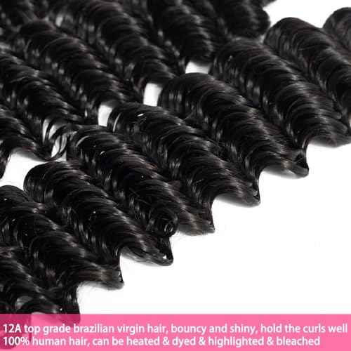 12A Deep Wave Human Hair Bundles 20 22 24 Inch Brazilian Curly 3 Bundles Human Hair 100% Unprocessed Virgin Wet and Wavy Hair Weave 1B Black