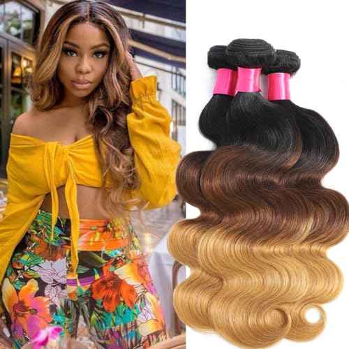 Ombre Human Hair Bundles 1b/4/27 Three Tone Brazilian Ombre Body Wave 3 Bundles 14 16 18inch 100% Unprocessed Virgin Human Hair Bundles Weaves Extensions for Women