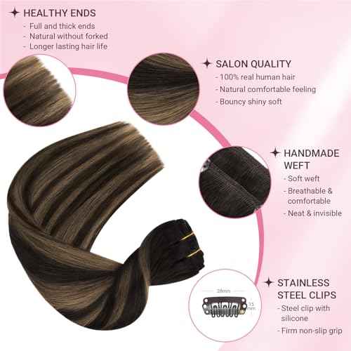 MAXITA Hair Extensions Clip in Human Hair, 120g 7pcs 16 Inch, Balayage Dark Brown Mixed Chestnut Brown Hair Extensions Real Human Hair Remy Natural Straight Hair for Woman