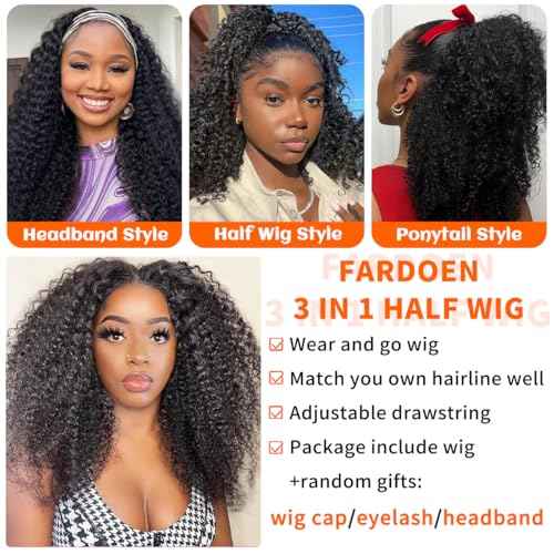 Kinky Curly Half Wig Human Hair 250 Density Headband Wig Human Hair Glueless Wigs Wear And Go Drawstring Seamless Flip Beginner Friendly Curly Wig Human Hair Wigs For Black Women 18 Inch