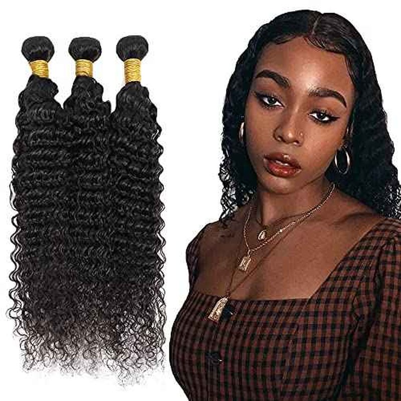 #1B Human Hair Bundles Deep Wave Bundles 30 32 34 Inch Unprocessed Brazilian Virgin Hair Weave 3 Bundles Deep Wave Human Hair Extensions Natural Color Bundle 50 Grams Per Bundle For Woman