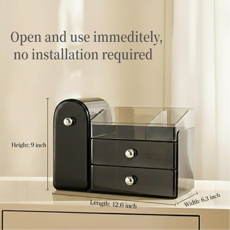 Bird&Fish Makeup Organizer with Sliding Brush Holder, Clear Skincare Organizer with Drawers, Bathroom Countertop Organizer, Sturdy Cosmetic Storage Case for Vanity, Dresser (Black)