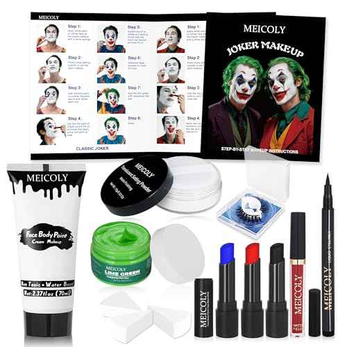 MEICOLY Joker Makeup Kit,Complete Joker Costume Clown Makeup,Clown White Face Paint Character Set for Halloween SFX Cosplay Stage Performance Theatre,Green Hair Dye,Setting Powder,Red Lip Gloss