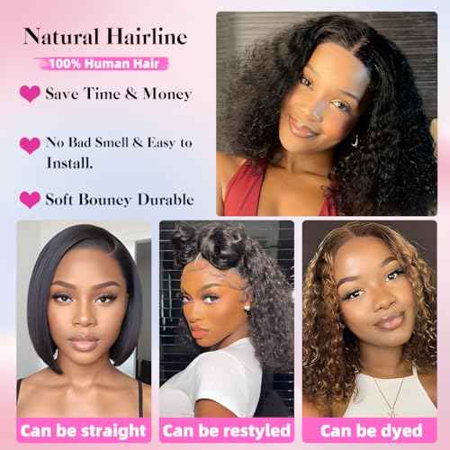 ISWEET HD Glueless Wigs Human Hair Pre Plucked Pre Cut Bob 4x4, 10 Inch #1B Natural Black 210% Density Hairline Curly Bob Wig Human Hair, Wear and Go Deep Wave Lace Front Wigs for Black Women
