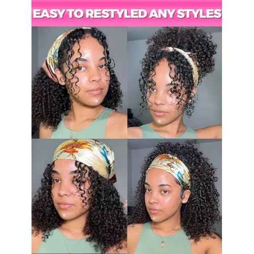 V SHOW Glueless Curly Headband Wig Human Hair 180% Density Thick Throw & Go Kinky Curly Headband Wigs for Women 18 Inch None Lace Front Wigs Wear and Go Glueless Human Hair Wigs