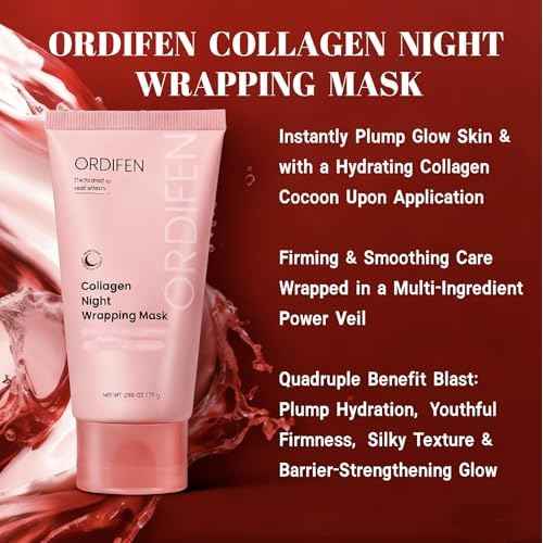Collagen Night Wrapping Mask for Glowing Skin, Collagen Overnight Wrapping Peel Off Facial Mask for Elasticity Hydration, Reduce Sagging Dullness, 2.65 fl.oz, Pink(Brush Included)