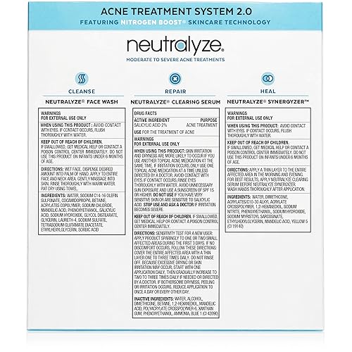 Neutralyze Moderate to Severe Acne Treatment Kit 2.0 - Maximum Strength 3 Step Acne Kit with 2% Salicylic Acid, 2% Mandelic Acid & Nitric Oxide - Includes Face Wash, Clearing Serum & Synergyzer