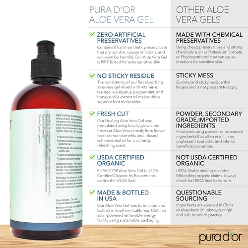PURA D'OR ORGANIC Aloe Vera Gel Lavender (16 Oz X 3) All Natural - ZERO Artificial Preservatives - Deeply Hydrating & Moisturizing - Sunburn, Bug Bites, Rashes, Small Cuts, Eczema Relief - Skin & Hair