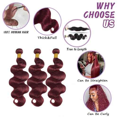 99J Burgundy Human Hair Bundles Body Wave 30 Inch 12A Wine Red Double Weft Brazilian Bundles Human Hair Extensions 1 Pack