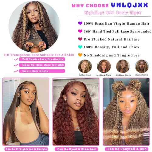 Hidden Strap 360 Deep Wave Lace Front Wigs Human Hair 180 Density Highlight Ombre HD Full Lace Front Wigs Human Hair Pre Plucked 22 Inch Drawstring Honey Blonde Wig Human Hair For Women