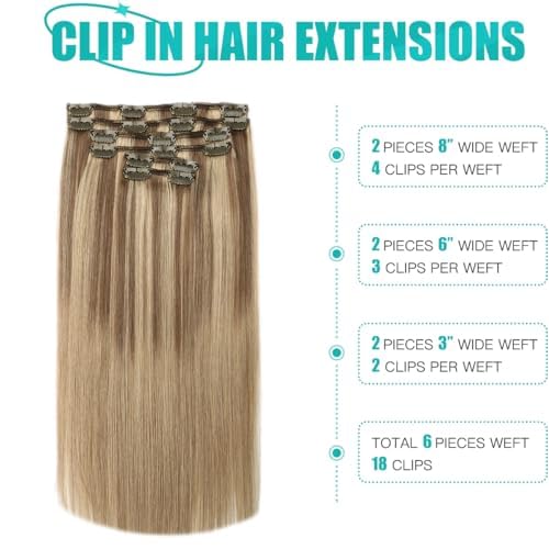 SURNEL Clip in Hair Extensions Balayage Golden Brown to Caramel Blonde Clip in Hair Extensions Real Human Hair 16inch 6pcs 100g(#10/27/27,16'')