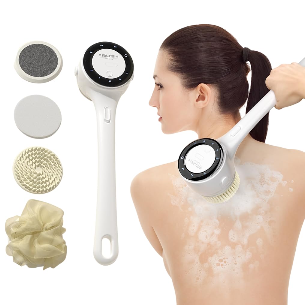 Electric Body Brush Back Scrubber for Shower, Waterproof Long Dual Handle Power Body Scrubber with 5 Heads, Bath Brush 3 Speeds, for Cleansing,Exfoliating and Massaging Skin,Gift for Birthday Holiday