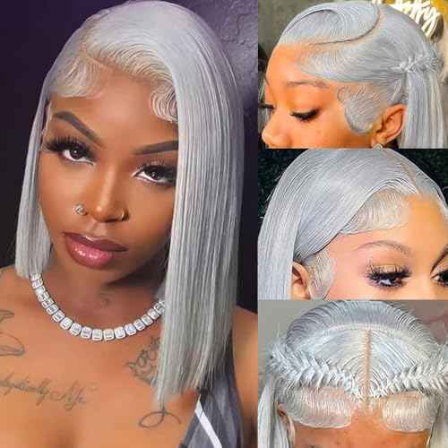 Silver Grey Bob Wig Human Hair 14 Inch 13x4 HD Straight Grey Bob Lace Front Wigs Human Hair Wear and Go Glueless Wig Pre Plucked with Baby Hair Short Grey Bob hd Lace Frontal Wigs For Black Women