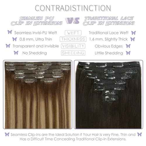 Lacer Hair Real Colored Clip in Hair Extensions Balayage Chocolate Brown to Caramel Blonde 18 Inch Clip in Invisible PU Skin Weft Remy Natural Thick Silky Straight Hair 7pcs 110g for Fashion Women