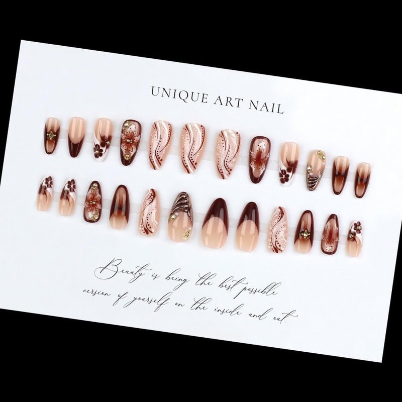 Skiennix French Tips Press-On Nails - Medium Almond Shape with 5D Flower Charm Design | Glossy Brown, 24 Pcs