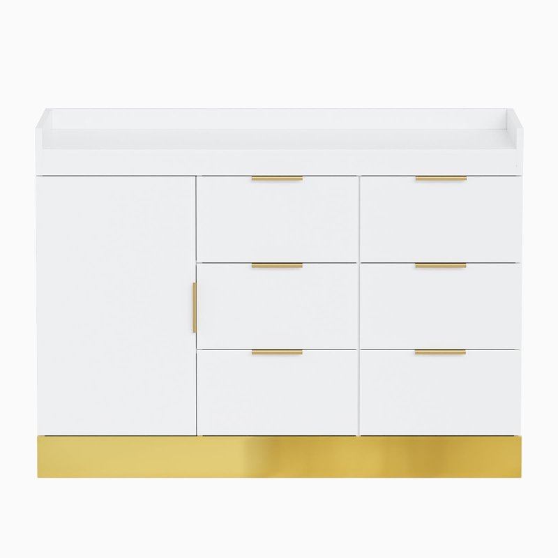 OmySalon Salon Station for Stylists, Free Standing Barber Vanity with 6 Drawers, 1 Cabinet & Adjustable Shelves, Large Storage Hair Beauty Furniture for Barbershop, White Gold