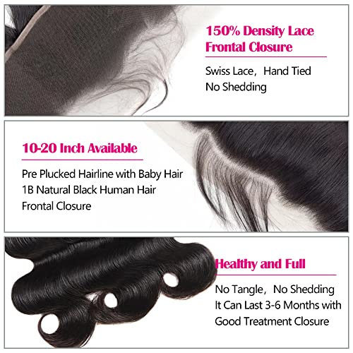 ALIANNA 13x4 Body Wave Human Hair HD Transparent Lace Frontal Closure, 10A Unprocessed Brazilian Virgin Hair, 16 Inch, Black