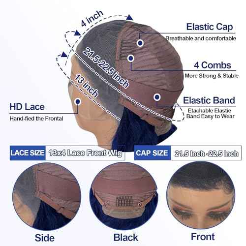 Blue Lace Front Wigs Human Hair Pre Plucked 180% Density Dark Blue Wig Human Hair Body Wave wear and Go Glueless Wigs for Women Navy Blue 13x4 HD Lace Frontal Wig Human Hair for Women 20 Inch