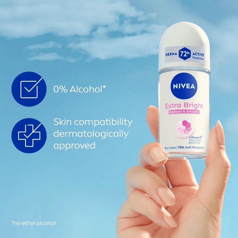 NIVEA Extra Bright 8 Super Food Vitamin C Collagen Booster Underarm Roll-On Deodorant, Alcohol-Free, 72HR Odor Protection, Smooth & Bright Skin, 50ml, 1.69oz, Pack of 3