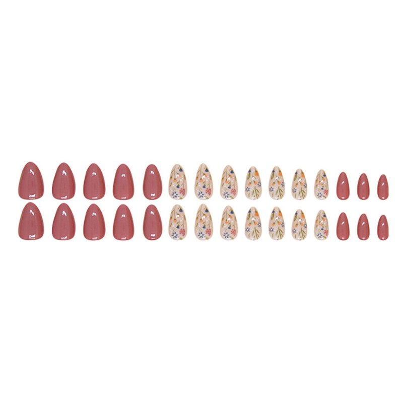 Short Press On Almond Fake Nails - Flower Acrylic Fall Nails Press Ons Full Cover Glue On Cute False Floral Stick On Nails for Women - 30 Pcs