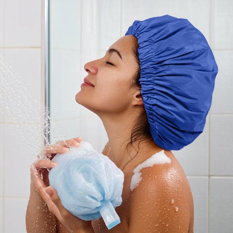 Reusable Shower Cap - Large Waterproof Hair Bonnet for Long, Curly Hair | Washable & Travel-Friendly (Dark Blue)